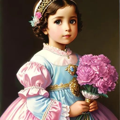 Prompt: a  3 year old girl wearing royal costume and holding flowers, soft pastel color, detailed, 8k