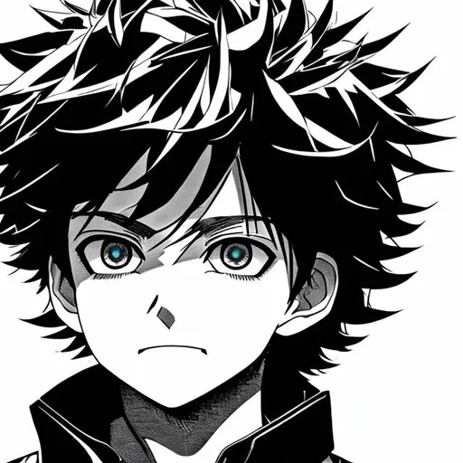 Prompt: boy, black ruffled hair, bright blue eyes with bags underneath, a dazed and tired expression, and teeth are noticeably sharp and angular., manga style, coloured
