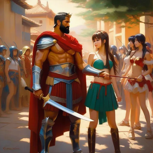 Prompt: King Leonidas meets anime girls, anime style, extremely detailed painting by Greg Rutkowski and by Henry Justice Ford and by Steve Henderson 