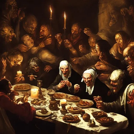 Prompt: Hunger, Devil, Plague and War at the single dinner table in pesant house, feasting, the host is laughing, broken things everywhere, candle light, darkness, harsh lighting, classical painting, Goya style.

