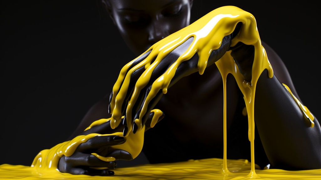 Prompt: a yellow hand drips a black liquid over the edge, in the style of oliver wetter, ossip zadkine, auto body works, mike campau, bright glazes, fluid and loose, made of rubber