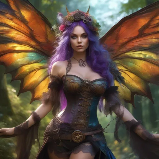 Prompt: Epic. Cinematic. Shes a (colorful), Steam Punk, gothic, witch. spectacular, Winged fairy, with a skimpy, (colorful), (gossamer), flowing outfit, standing in a forest by a village. ((Wide angle)). Detailed Illustration. 8k.  Full body in shot. Hyper real painting. Photo real. An (extremely beautiful), shapely, woman with, ((Anatomically real hands)), and (vivid), colorful, (bright eyes). A (pristine) Halloween night. (Concept style art). Rays of light. Lens flares. Celestial.