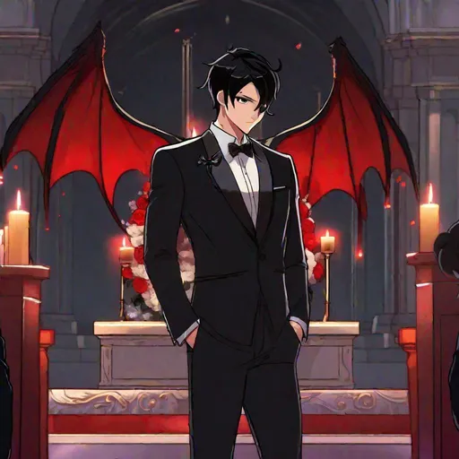Prompt: Damien  (male, short black hair, red eyes) demon form, wearing a tuxedo, standing at the altar
