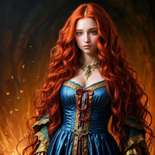 Prompt: Oil painting, Chiaroscuro, landscape, UHD, 8K, highly detailed, panned out view of the character, visible full body, a hyperdetailed mage girl, hyperdetailed long red hair, masterpiece, hyperdetailed full body, hyperdetailed feminine attractive face and nose, complete body view, ((hyperdetailed eyes)), perfect body, perfect anatomy, beautifully detailed face, alluring smile, ((fantasy_gown1.3)), small chest