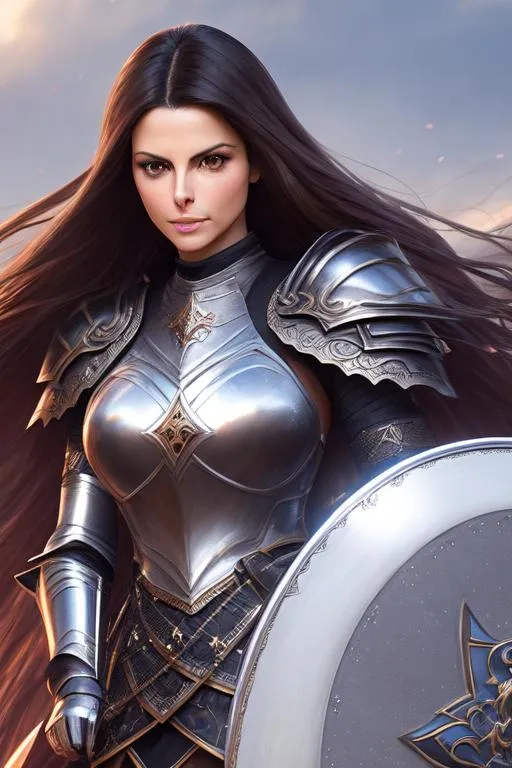 Prompt: {mix of Morena Baccarin and victoria justice with long black flowing hair}, fighting, {Kate Beckinsale wearing shining plate armored knight with brown hair}, engaged in combat, medieval sword fighting, ornate armor, hypermaximalist, elegant, ornate, hyper realistic, anime, dramatic, digital painting, artstation, smooth, sharp focus, dark medieval castle, full body shot, high resolution, dungeons and dragons