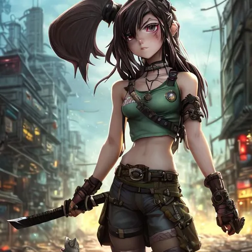 Prompt: 4k high resolution cgi anime steampunk style, petite brunette female cyborg, pretty face, green eyes, high cheek bones, dark green bikini top, low slung cargo shorts, lightly tanned body, minor cuts and bruises on body, a slight smirk on her lips, carrying a torn teddy bear, holding a katana sword in her hand, post apocalyptic city skyline in background, large blue moon in the sky, 