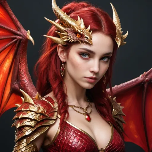 Prompt: A beautiful woman that is mostly human but has part dragon she has deep scarlet scales with flecks of gold. 