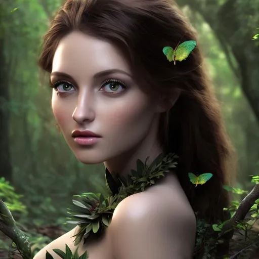 Prompt: HD 4k 3D professional modeling photo hyper realistic beautiful enchanting forest nymph woman dark hair olive skin green eyes gorgeous face earth goddess magical forest flowers and trees butterflies landscape hd background ethereal mystical mysterious beauty full body