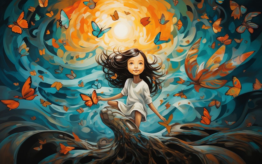 Prompt: a painting of the tree of life with a girl flying over a colorful world, in the style of turquoise and orange, caravaggism, applecore, contemporary chicano, contemporary canadian art, jewish culture themes, childlike innocence