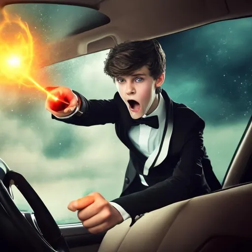 Prompt: Attractive 16 year old boy in a tuxedo driving a car angry and waving his magic wand at a bad driver from out of his window. He is getting ready point his wand and cast a spell on the driver. Sparkling magic is starting to form on the tip of his magic wand.