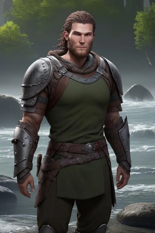 Prompt: Digital art, (((DreamShaper Version 1))), a 21-year-old viking man, subtle smile, round head, round face, short dark brown hair, brown hair, muscular, viking forest, green gear, silver armor, light green eyes, Tidal Class seal on chest armor, unreal engine 8k octane, 3d lighting.