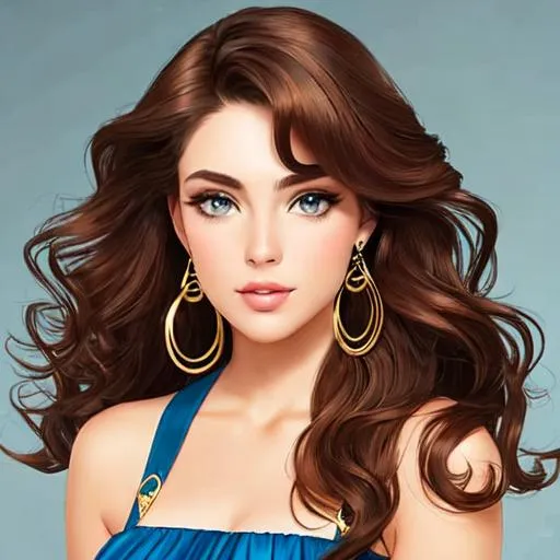 Prompt: girl, wavy brown hair, blue, gold earrings, asymetricalWith red roses