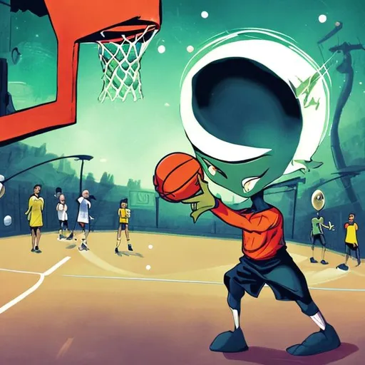 Prompt: Alien shooting basketball 
