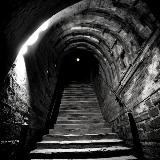 Prompt: spooky dark winding stairwell going down into catacombs