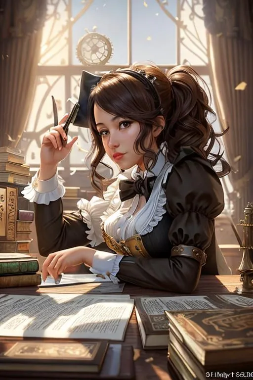 Prompt: ((steampunk maid), dusting furniture, messy room), trending on ArtStation, 8k resolution, (dim lighting, window light shining through, scattered junk food and papers), books, (high quality)+, (high texture)+, (ultra detailed)+, (detailed background)++, (perfect anatomy)+, (proper finger structure)+, (quality artwork)+, (mature woman)++, solo, detailed face, black hair, long hair, shiny hair, detailed hair, iridescent eyes, detailed eyes, google with neon trim++, (leather gloves)++, detailed accessories, detailed body)++, shiny skin, (fair skin)+, detailed skin, (bronze gears)++, road++, rain background++, (metal trees)++, (full body)+++, (sepia tones)++, (from ahead)++