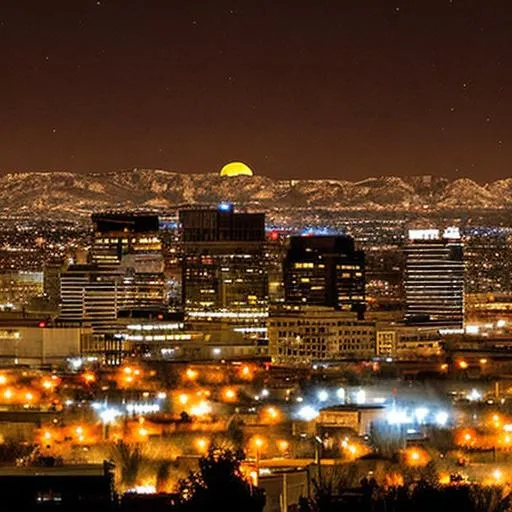 Prompt: A city skyline at night with a full moon, casting an eerie, ghostly light on the abandoned streets of 
Salt Lake City below.