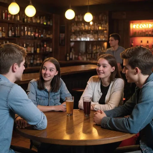 Prompt: conversation in a bar between a group of five young adult friends
