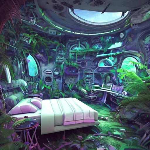 Prompt: A bedroom made from a crashed spacecraft in an alien jungle 
