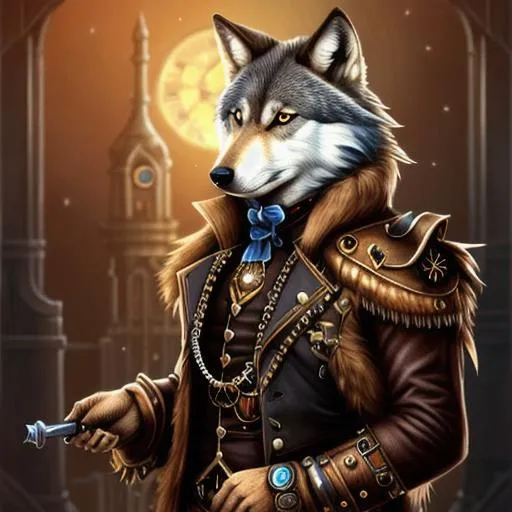 Prompt: anthropomorphic male wolf, furaffinity, steampunk fantasy, kiss