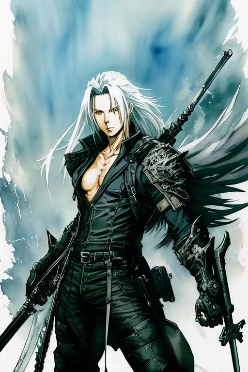 Prompt: (((Yoji Shinkawa))), sticker of ultra detailed portrait of Sephiroth high quality cell shaded illustration in post apocalyptic style by Yoji Shinkawa, ((full body)), dynamic pose, perfect anatomy, centered, freedom, soul, approach to perfection, cell shading, 4k , cinematic dramatic atmosphere, watercolor painting, global illumination, detailed and intricate environment, artstation, concept art, fluid and sharp focus, volumetric lighting, cinematic lighting, Art by Yoji Shinkawa,