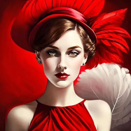 Prompt: fashionable 1st class  female passenger on the Titanic, pale skin, dark styled hair, large lips,  looking sad, facial closeup, vibrant colors, red dress and elaborate hat with feathers
