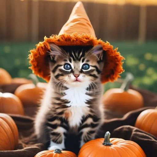 Prompt: A kitten sitting in a pumpkin patch wearing a witch hat on looking at the camera 
