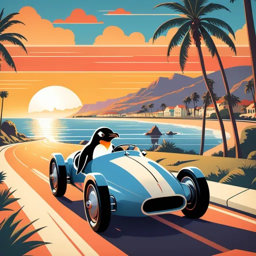 Prompt: In the style of a vintage travel poster, create a penguin driving a vintage race car along a coastal road with the ocean and sunset visible in the distance, and palm trees flanking the road in the foreground