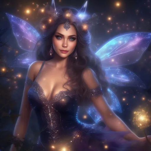 Prompt: hyper realistic, beautiful, stunningly full body form of a bright eyed, buxom woman, in a fairy witch outfit that is glowing, sparkly, sheer, and skimpy outfit on a breathtaking night with flying sprites around.