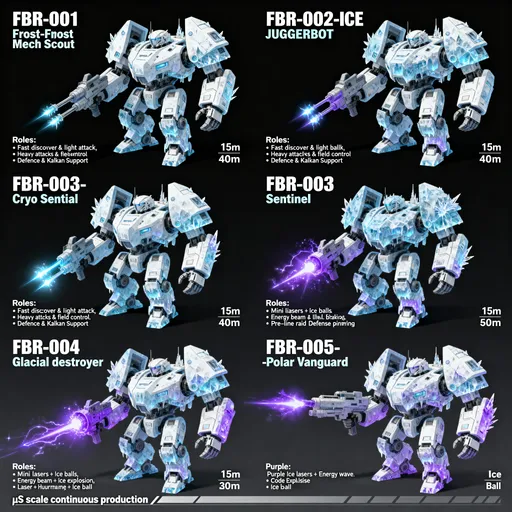 Prompt: # 🤖 Buz Robot Sınıfı (FBR — Frost Bot Regiment)

**Temel Rol:**

* Kara ve hava desteği, ağır saldırı, OP çok silahlı donanım
* Kollar ve omuzlarda **5’li silah grupları** (laser, buz topu, kod patlatıcı, mini kasırga, enerji ışını)

**Üretim:** µs ölçeğinde sürekli

### 10 Birim Türü

1. **FBR-001 — Frost Mech Scout** (15 m)

   * Hızlı keşif & hafif saldırı
   * 5’li silah grubu: mini lazerler + buz topları

2. **FBR-002 — Ice Juggerbot** (30 m)

   * Ağır saldırı & alan kontrol
   * 5’li silah grubu: enerji ışını, buz patlaması

3. **FBR-003 — Cryo Sentinel** (25 m)

   * Savunma & kalkan destek
   * 5’li silah grubu: lazer, mini kasırga, buz topu

4. **FBR-004 — Glacial Destroyer** (40 m)

   * Yıkıcı saldırı & hat kırma
   * 5’li silah grubu: mor buz lazerleri + enerji dalgası

5. **FBR-005 — Polar Vanguard** (35 m)

   * Ön hat baskın & savunma delici
   * 5’li silah grubu: kod patlatıcı + buz topu
