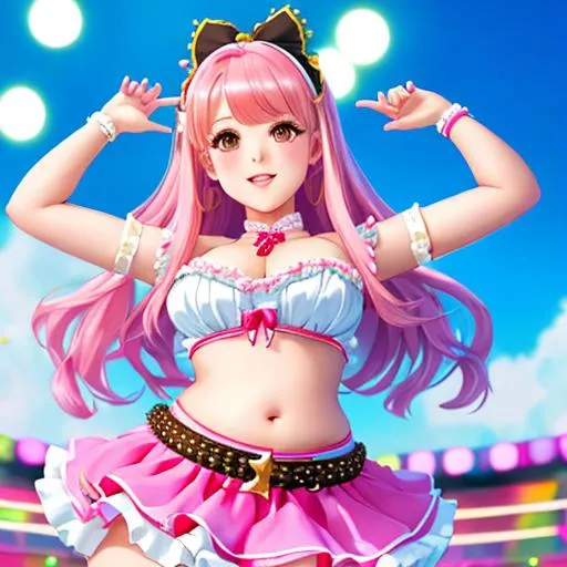 Prompt: Cute idol girl themed around cake performing on stage, fat belly, fat thighs, bare belly, frilly clothes, frilly skirt, long pink hair, outie navel, high quality midriff, high quality navel, very high quality, very detailed, trending on artstation, anime, belt, Full body character, UHD, 8K, masterpiece, high quality face, 