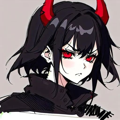 Prompt: A 4k of a grungy sketch of a goth  anime girl in a stylized yet simple drawing style. It looks like a Discord profile picture. The girl looks annoyed. She also has black devil horns. The sketch does not look realistic but rather simple and stylized but still looks high quality and high resolution with very defined lines. She has short black hair and pretty and very large black eyes with no color.
