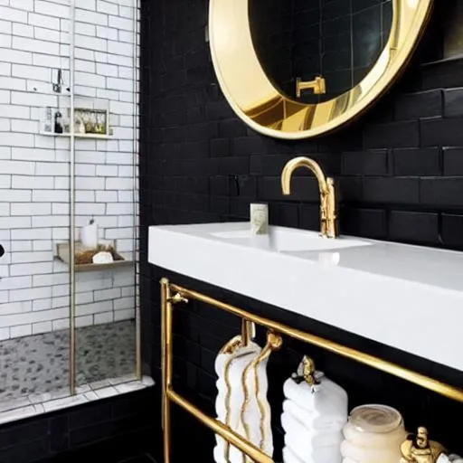design bathroom with balck finiture and gold taps | OpenArt