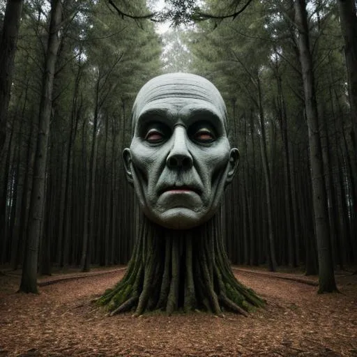 Prompt: Creepy forest  optical illusion making trees looking like face
