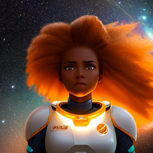 Prompt:  Pixar style brown skin woman glowing hair wearing a space suit
