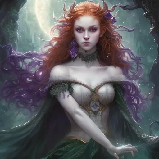 Prompt: Detailed and mystical portrait of a young beautiful witch with ivory clear skin, long red fiery hair and deep purple eyes. Charming pose, gorgeous green dress, Beautiful female body, frontal pose, Perfect  anatomy, night light, dramatic, magical, fantasy, 8k, high detailed, dramatic light