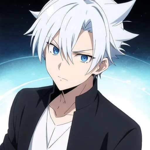 Prompt: Anime boy with dark blue eyes and white spiky hair