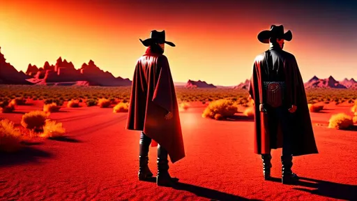 Prompt: 4 Armed Cyber Cowboy, fiery red Poncho, Dressed in black duster and Stetson Cowboy Hat, with Red Sunglasses, Haunting Presence, Photorealism, Hyperrealism, Intricately Detailed, Hyperdetailed, Desert Wild West Landscape, Dusty Midnight Lighting, Filmic, Movie Quality, 8K Resolution, Wild West Feel