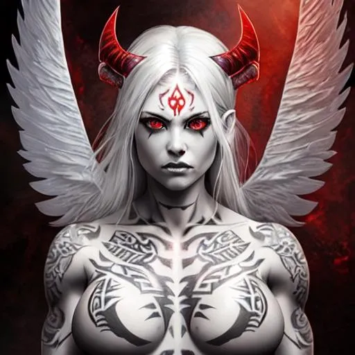 Prompt: Demon, {alabaster skin}, {silver hair}, {red eyes}, female, perfect body, muscle woman, {short stack}, {photo realistic}, {cover art}, ethereal, {tribal tattoos}, {gossamer skin}, {large angelic wings}