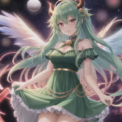 Prompt: synthetic anime male glow hot scary with horns devil artificial magical with planets in the solarsystem universe tall alien 
french kissing female goddess in a green fairy dress with angelwings HD