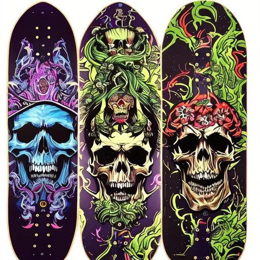 Make me a skateboard deck design that has skulls, fl...