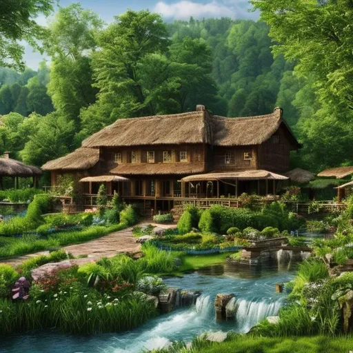 Prompt: Nature Background with greenery, Flowing Water in Somewhere, A Beautiful Farm House, Highly Detailed, Hyper Realistic, 2160p Resolution, 8K