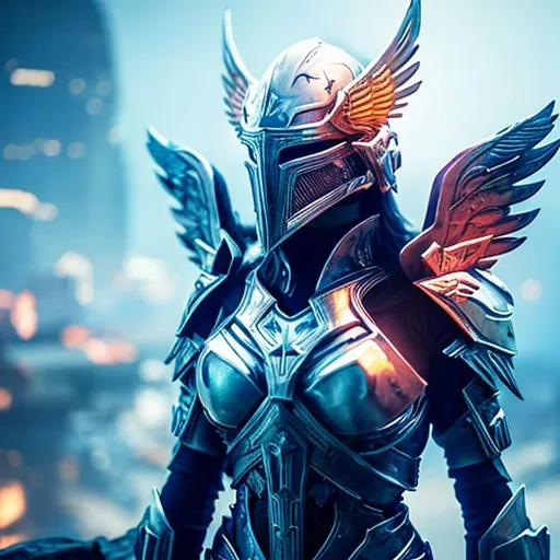 Prompt: a Valkyrie, futuristic armour, Helm of Neitiznot, visor covering face, glowing angel wings, futuristic city background