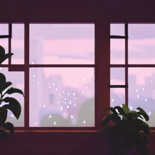 Prompt: lofi aesthetic rainy evening window with plants and string lights looking at foggy city
