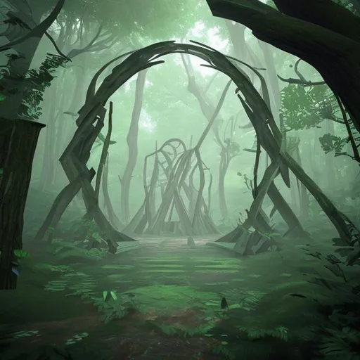 Prompt: dense forest with a center triangle, portal to another dimension 