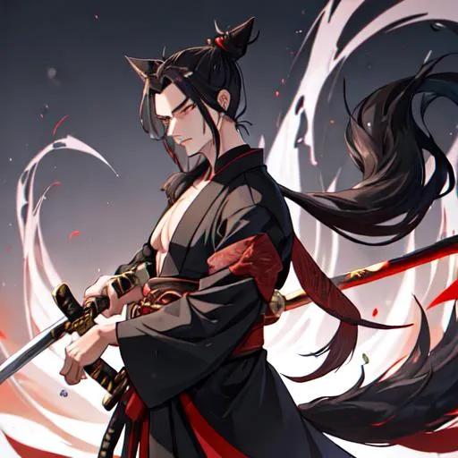 Prompt: A male anthropomorphic wolf/fox hybrid with a scar above his left eye wearing a black kimono with a katana in his hand and a man bun for a hairstyle 