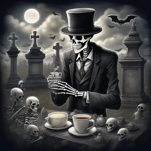 Prompt: skeleton in a suit and a hat drinking tea in the cemetery accompanied by ghosts, Tim Burton style, skeleton with insignificant details, perfect anatomy, detailed elegant hat, highly detailed mug, steam coming out of the mug, highly detailed ghosts, mysterious and highly detailed cemetery, steam , mysterious clouds, giant full line, masterpiece, bats, detailed night, light effects achieved, perfect contrasts,