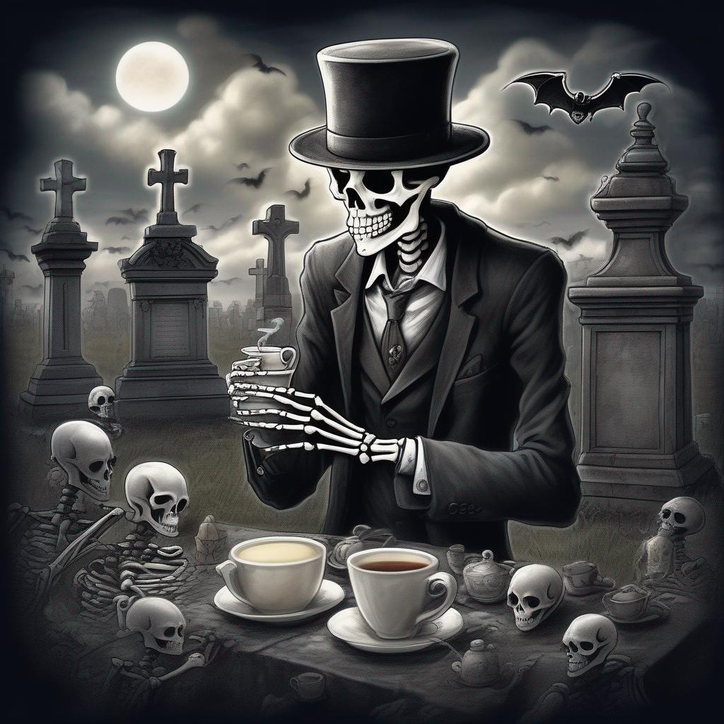 Skeleton Making Tea skeleton in a suit and a hat drinking tea in the cem...