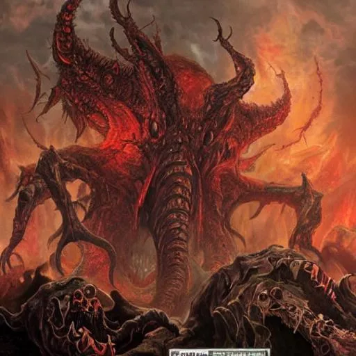 Prompt: Doom eternal hell scorn apocalypse huge monster demon cthulhu  