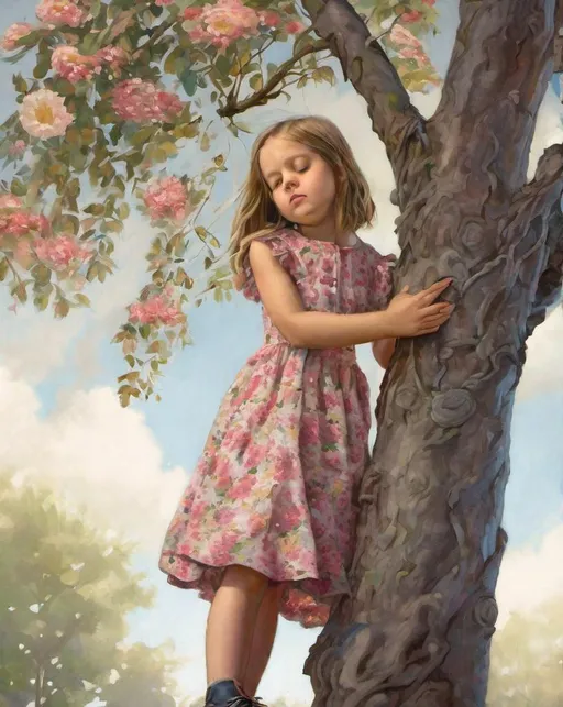 Prompt: A young girl in a floral dress climbing a tree and looking off into the distance wistfully.