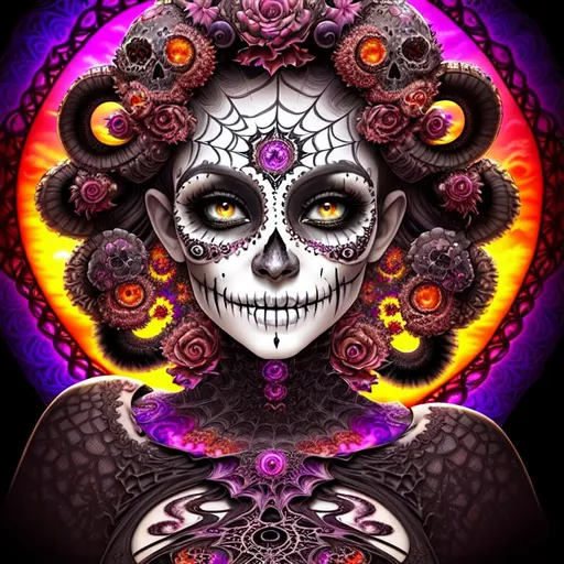 Prompt: Beautiful, Epic, Amazing, dark swirl, 3D, HD, Mandelbrot Julia Fractal ink, (Beautiful {Sugarskull}Female and {smiling}), freeform psychedelic chaos ultra HD, digital painting,  desert with {spiderweb}Sunset} background, uber detailed, 64k, high quality, sharp focus, studio photo, intricate details, highly detailed --s98500